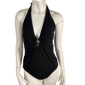 NWT La Blanca by Rod Beattie Halter Ruched One Piece Swimsuit Black Size 14
